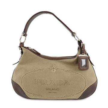 PRADA Logo Jacquard Leather Shoulder Bag Beige Brown Used