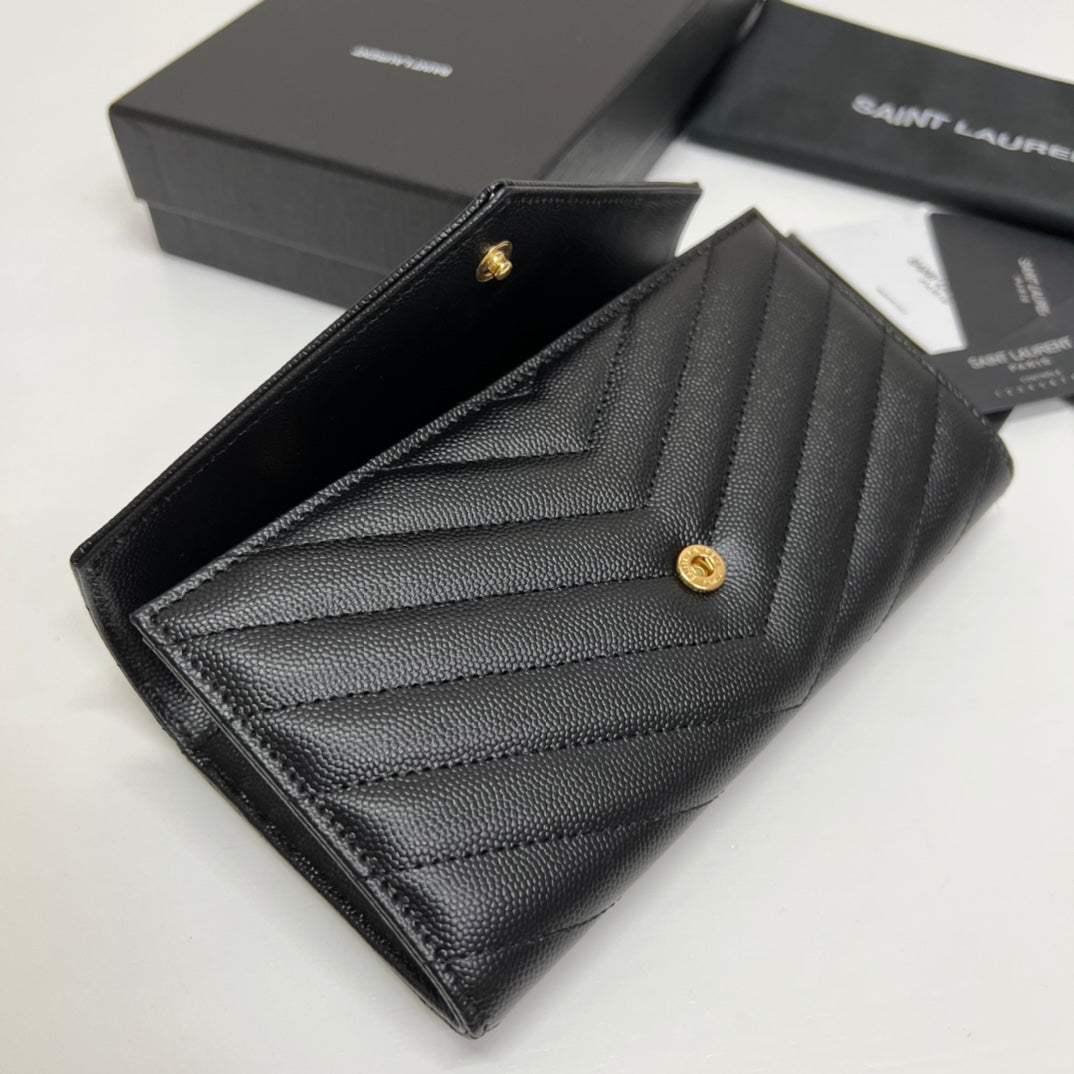 YSL Long Wallet Black Leather Gold Tone 10769 19cm