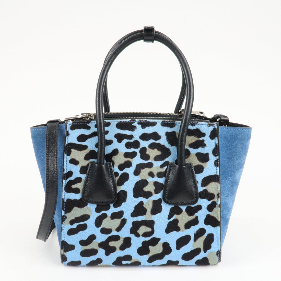 PRADA Unborn Calf Suede Leather 2Way Hand Bag Blue Black 1BA025 Used