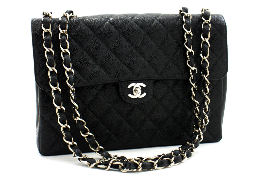 CHANEL Classic Large 11" Chain Shoulder Bag Black Grained Calfskin h58 - Shoulder Bag
