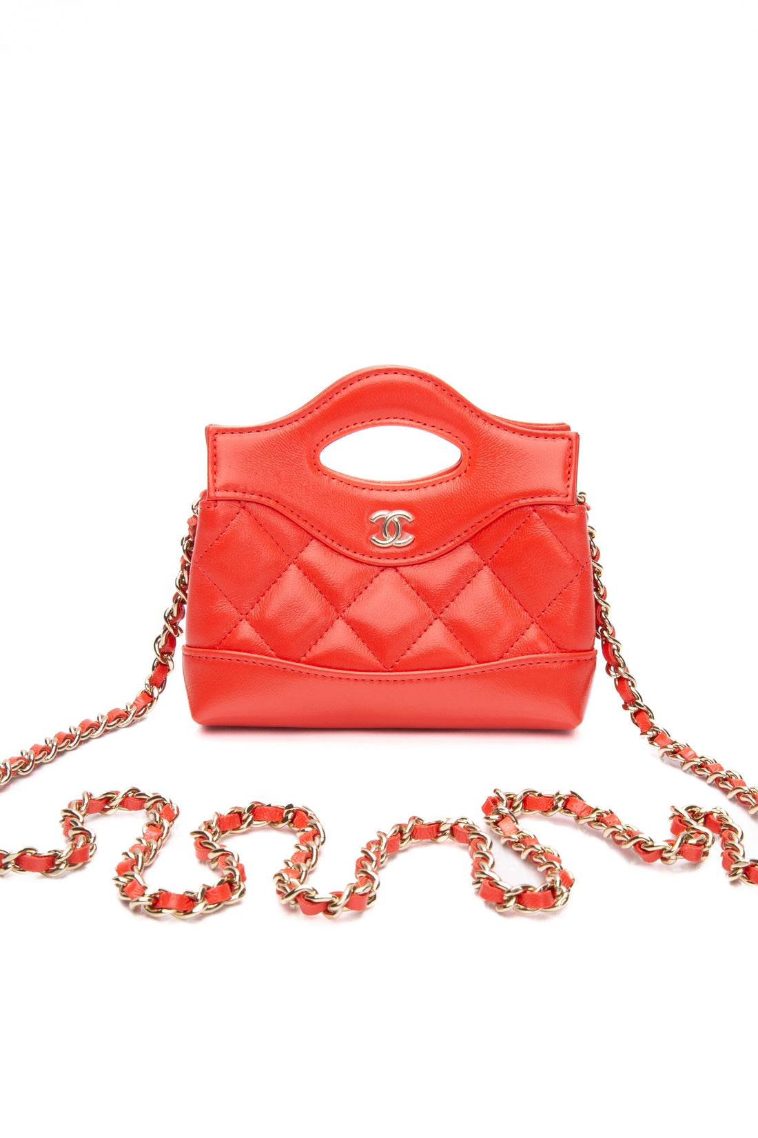 CHANEL Coral Red Shiny Lambskin Quilted Mini 31 Clutch with Chain (New) - Handbags