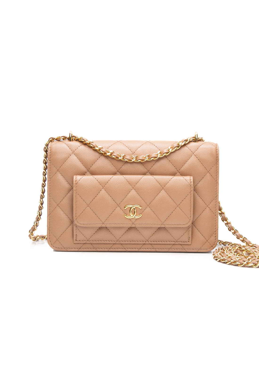 CHANEL Beige Caviar Quilted Pocket Clutch Wallet On Chain WOC - Handbags
