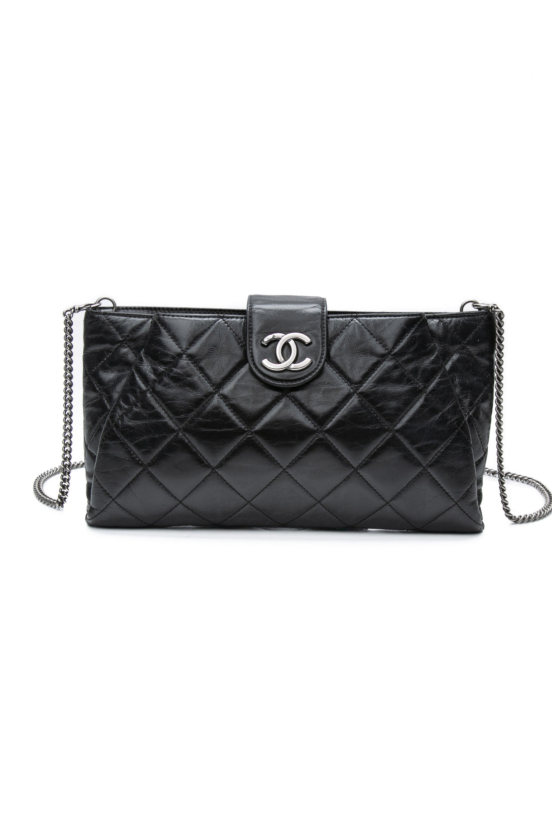 CHANEL Black Glazed Calfskin Quilted Coco Pleats Chain Clutch Bag - Handbags