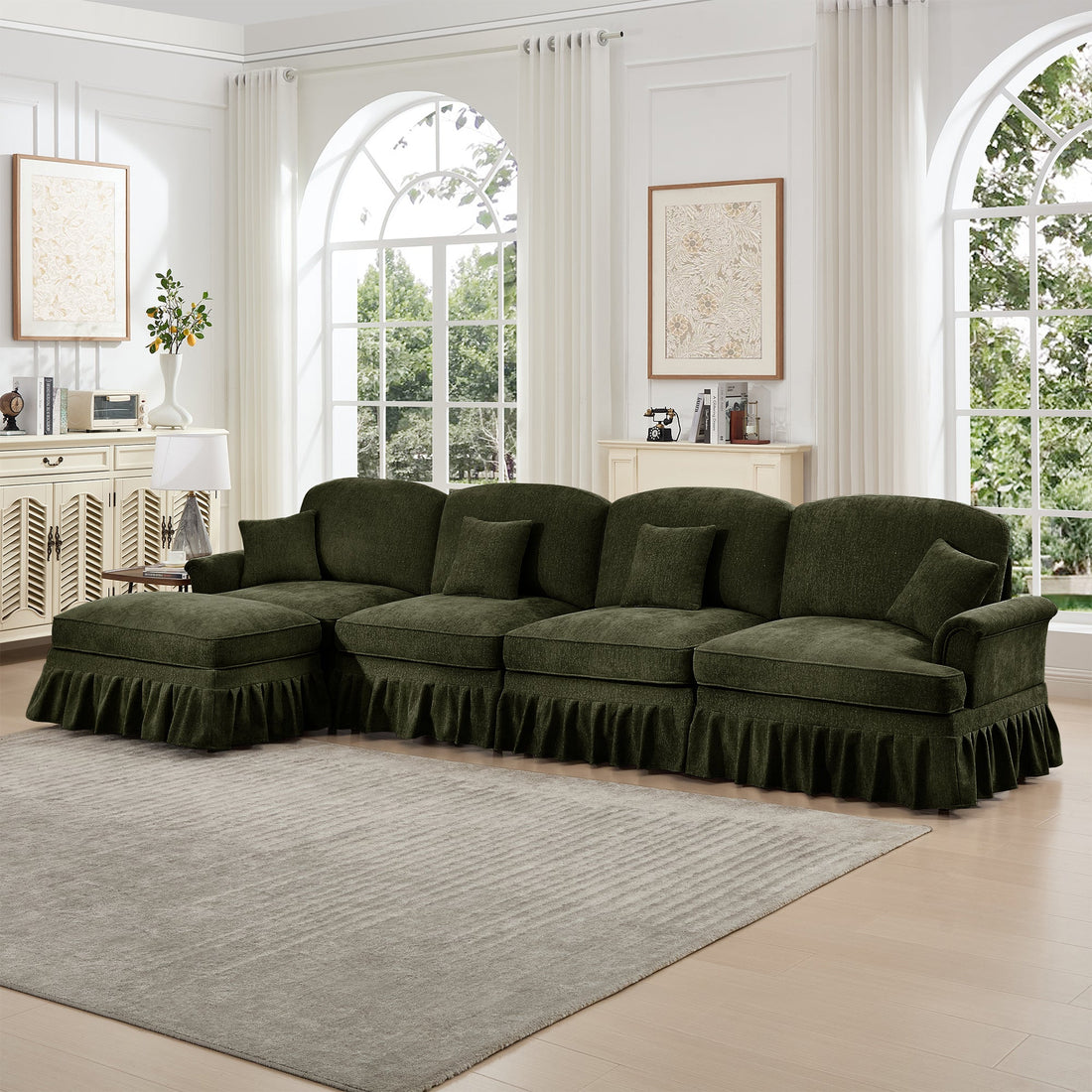 Classic Three Seater Modular L Shaped Sectional Couch with Flared Arms and Removable Ruffles Pleats Skirts and Spindle Legs, Comfy Chenille Four-Seat Deep Seat Sofa with Movable Ottoman, Green