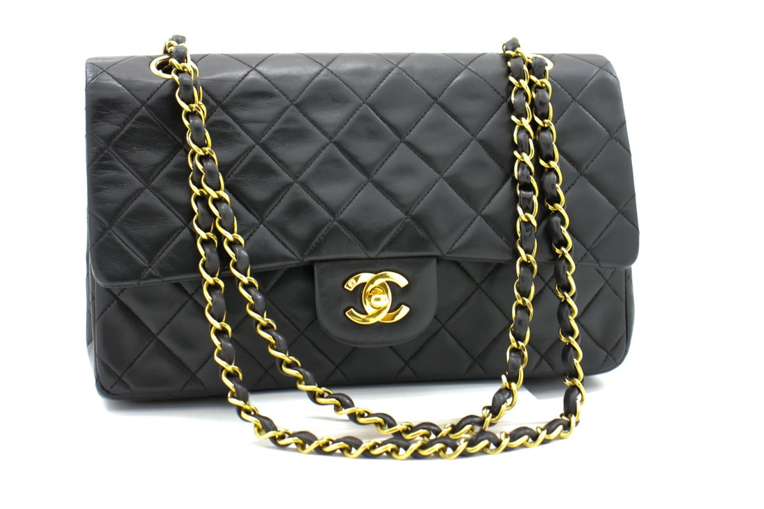 CHANEL Classic Double Flap 10" Chain Shoulder Bag Black Lambskin i68 - Shoulder Bag