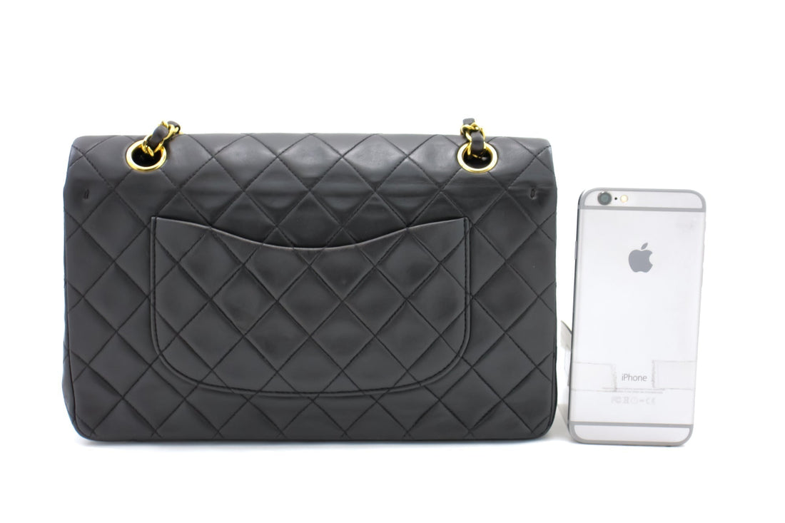 CHANEL Classic Double Flap 10" Chain Shoulder Bag Black Lambskin i68 - Shoulder Bag