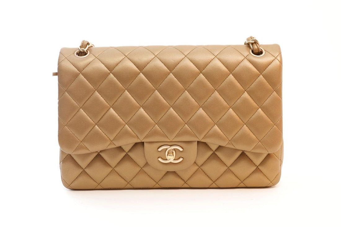Chanel Metallic Bronze Lambskin Jumbo Classic Flap Bag - Handbags