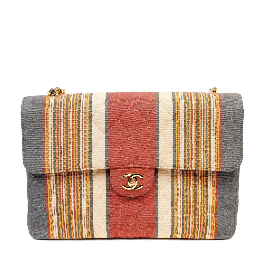 Chanel Striped Pique Cloth Maxi Classic w/ Gold Hardware - BAGS