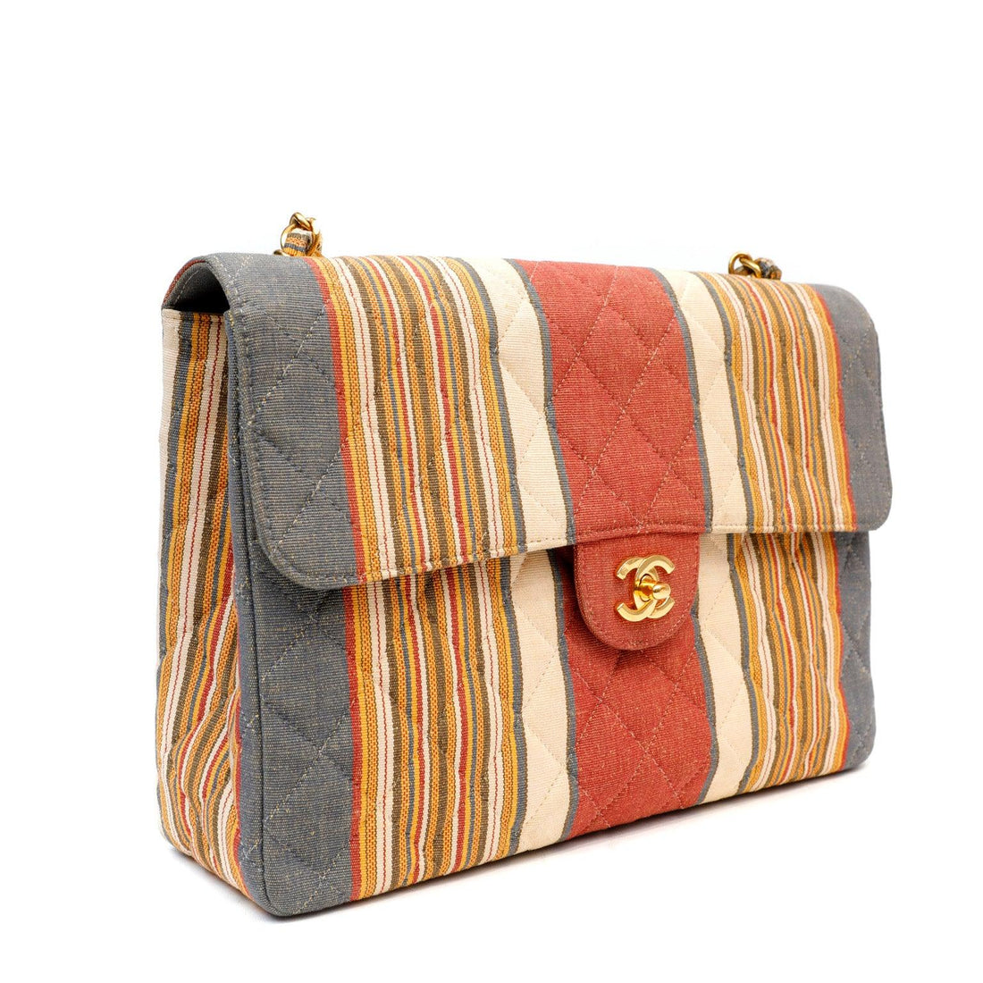 Chanel Striped Pique Cloth Maxi Classic w/ Gold Hardware - BAGS