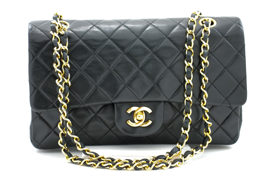 CHANEL Classic Double Flap 10" Chain Shoulder Bag Black Lambskin i65 - Shoulder Bag