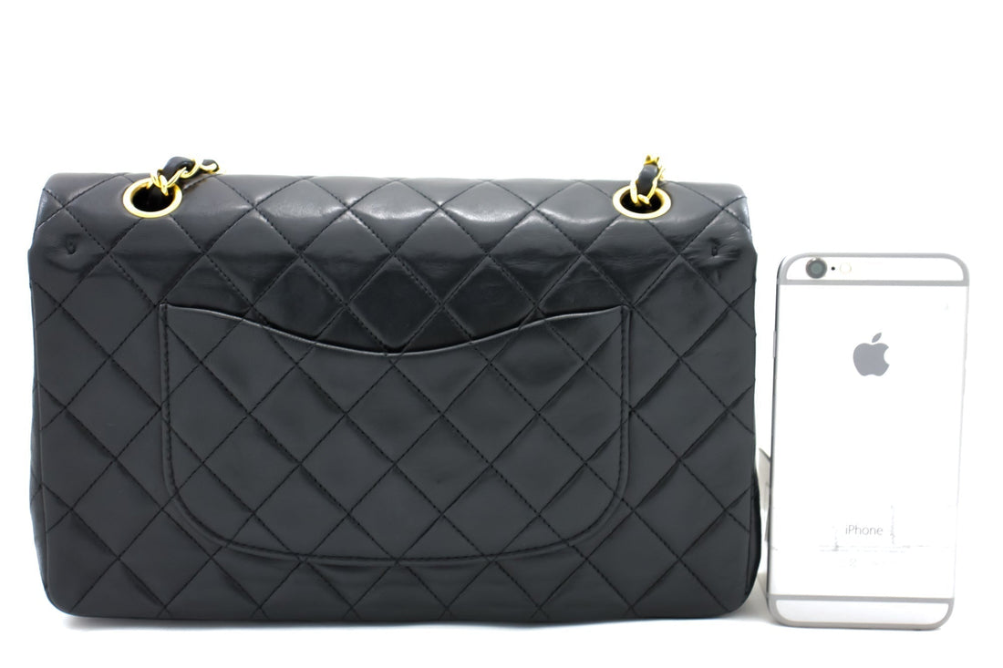 CHANEL Classic Double Flap 10" Chain Shoulder Bag Black Lambskin i65 - Shoulder Bag