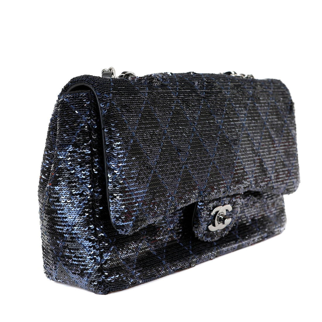 Chanel Black/Navy Sequin Classic Flap Bag w/ Silver Hardware - BAGS