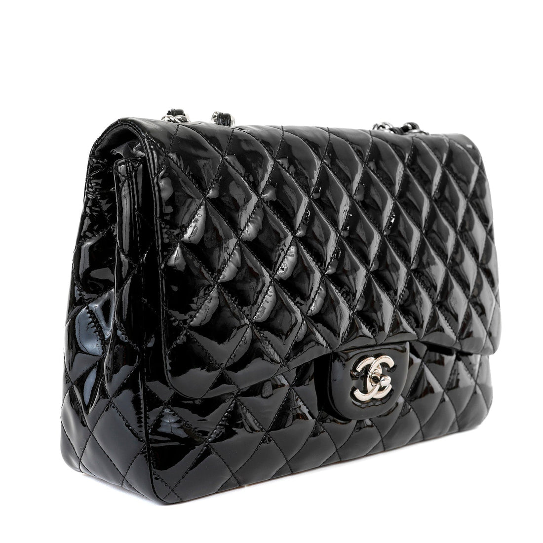 Chanel  Black Patent Leather Jumbo Classic with Silver Hardware - Handbags