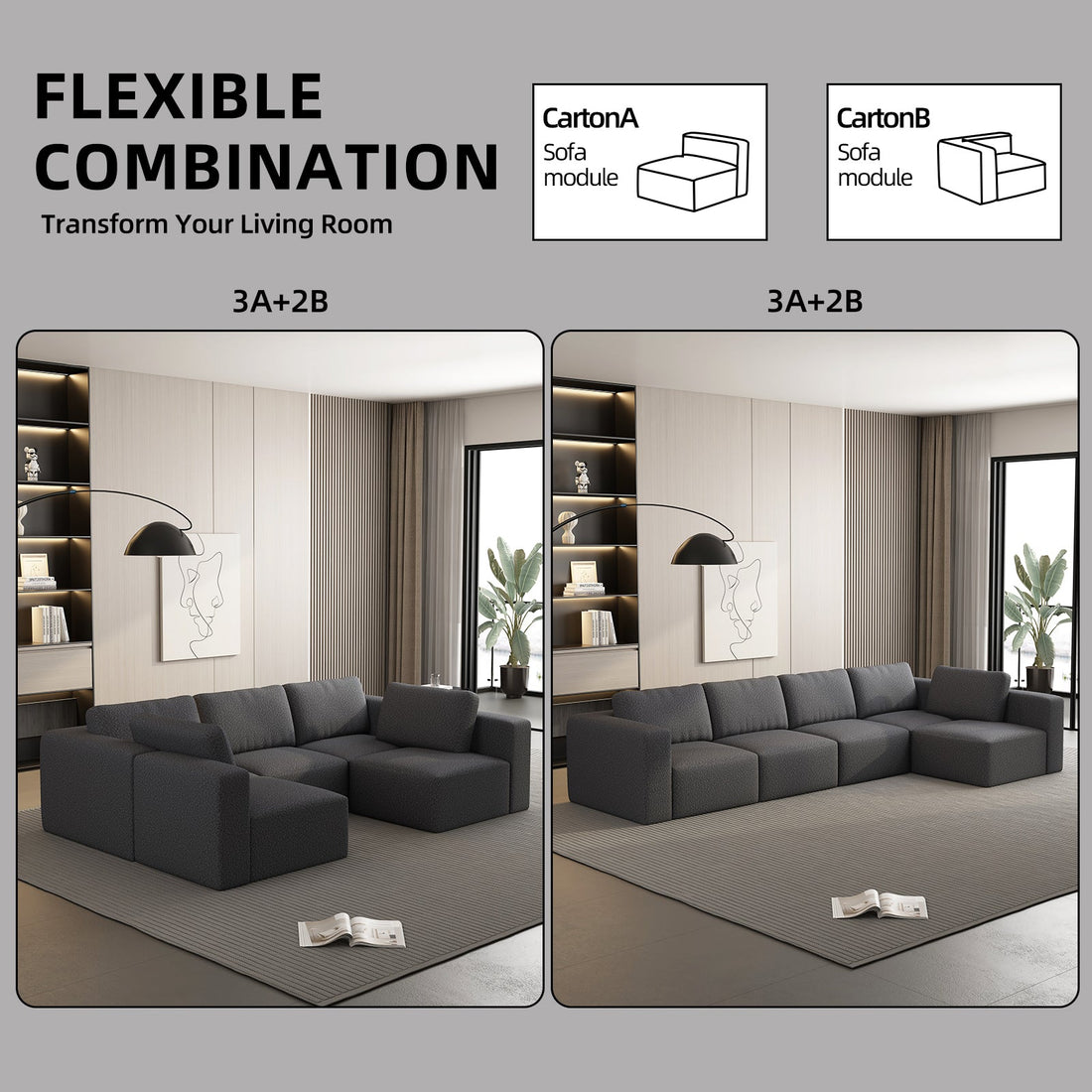 104.32*70.86 Modular Sectional Sofa Sleeper Couch, Sectional Sofa with Chaise and Ottoman, Convertible U Shaped Modular Sofa Set. Compressed sponge, Dark Grey (Combo 3A+2B)