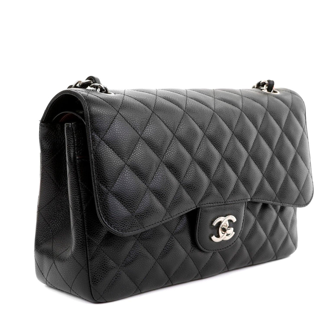 Chanel Black Caviar Jumbo Classic Flap w/ Silver Hardware - BAGS