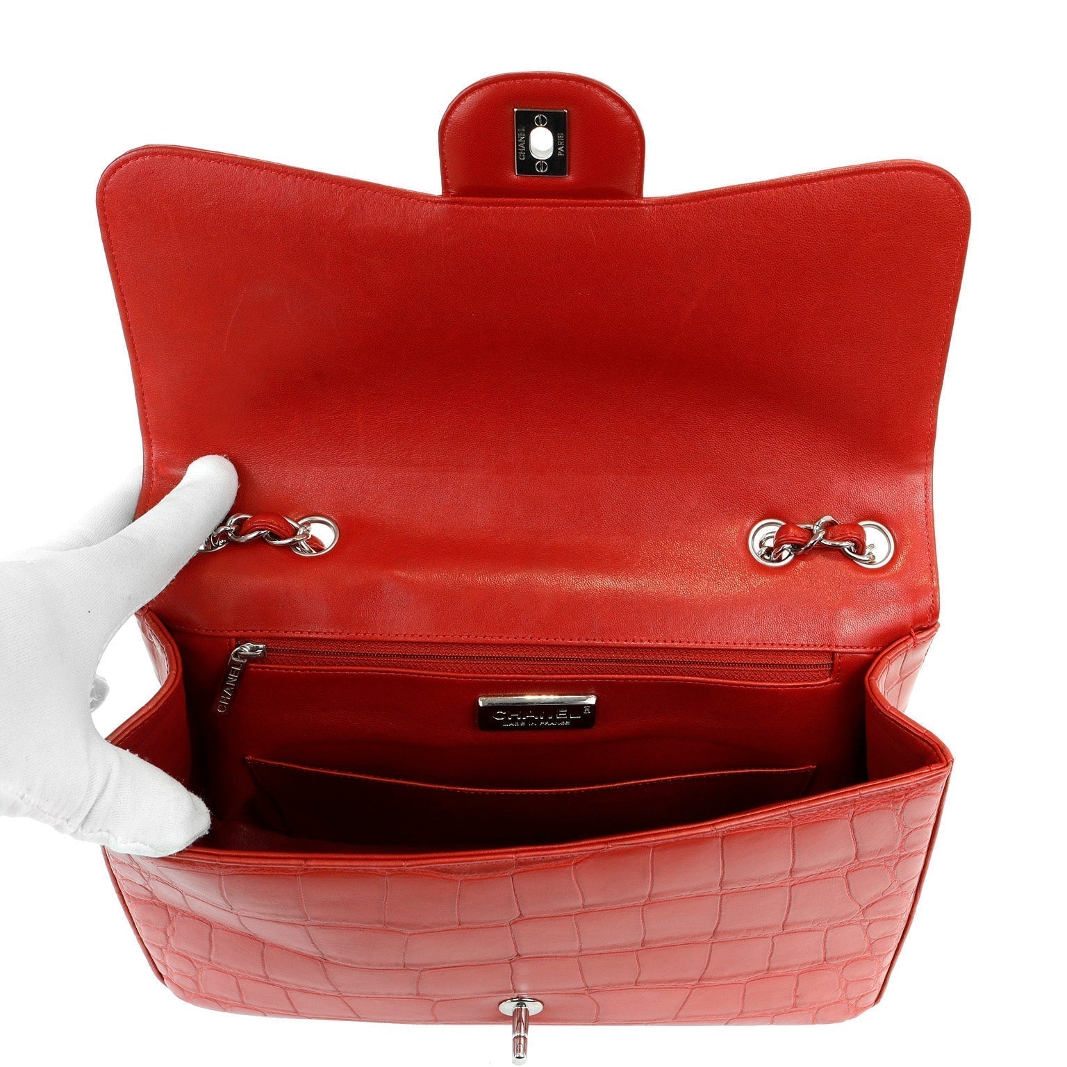 Chanel Red Crocodile Jumbo Classic with Silver Hardware - Handbags - 4