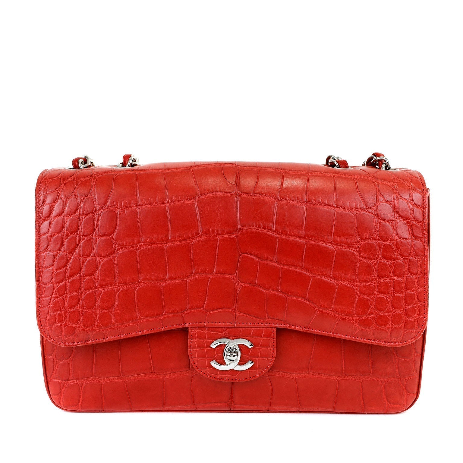 Chanel Red Crocodile Jumbo Classic with Silver Hardware - Handbags - 6