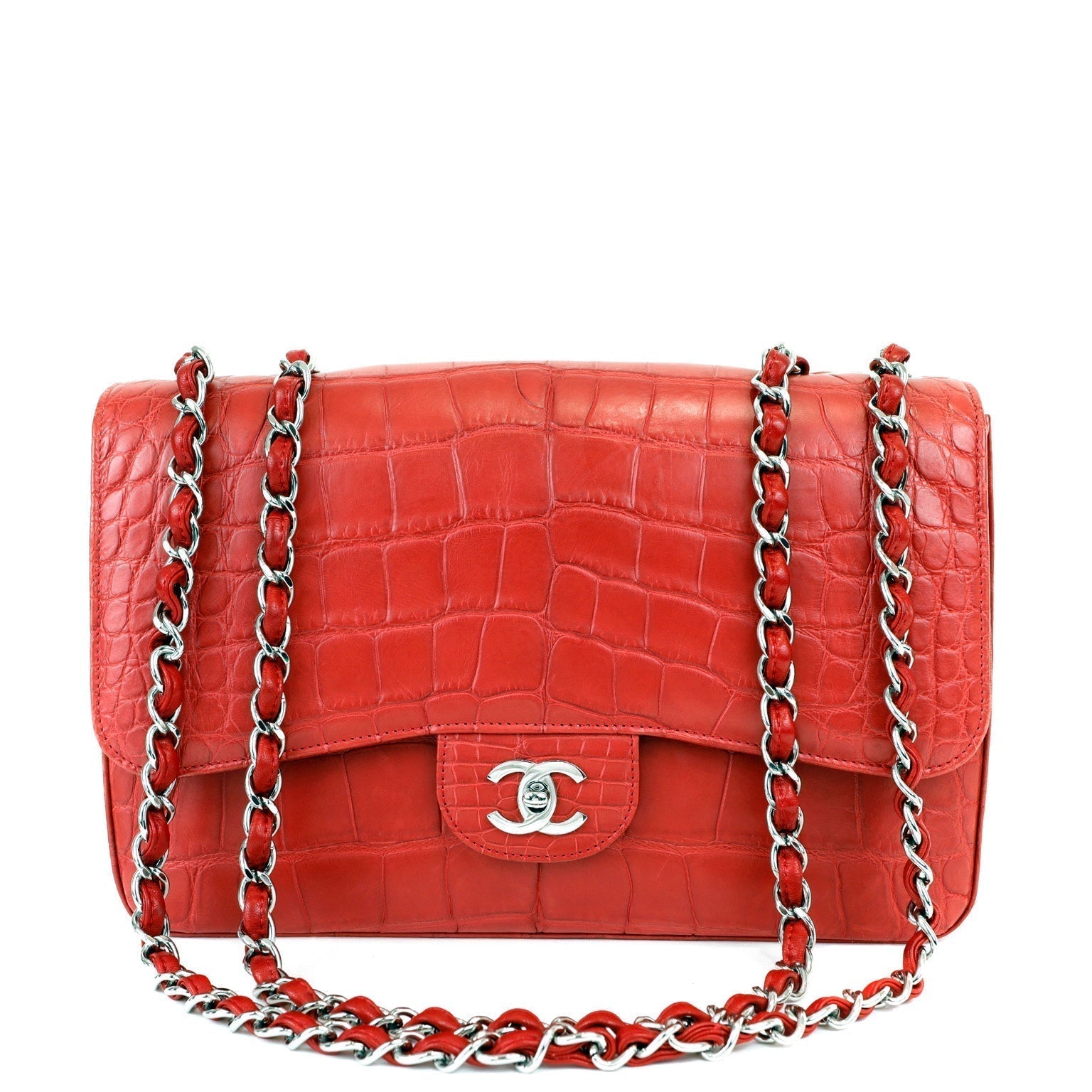 Chanel Red Crocodile Jumbo Classic with Silver Hardware - Handbags - 7