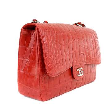 Chanel Red Crocodile Jumbo Classic with Silver Hardware - Handbags