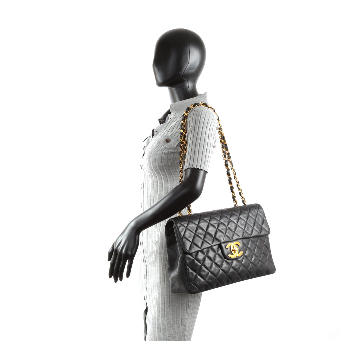 CHANEL Vintage Classic Jumbo XL Single Flap - Black Lambskin w/Gold - Handbag