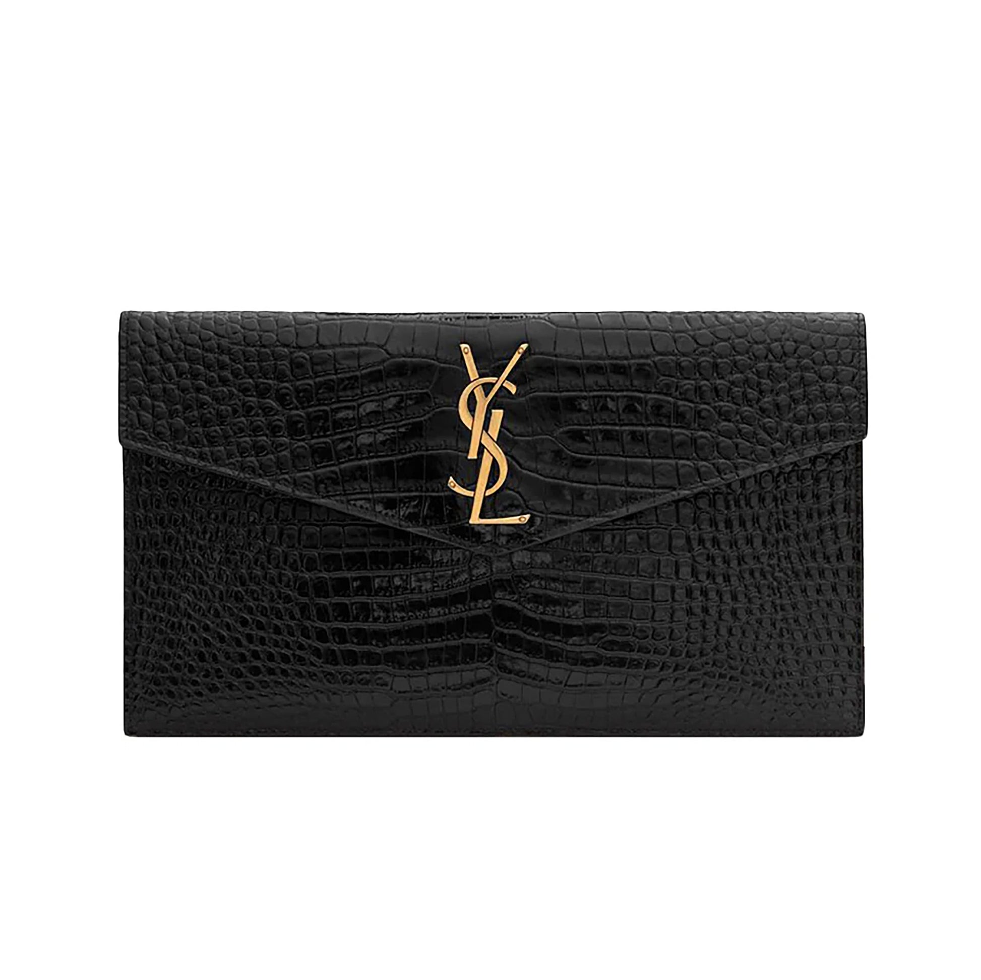 Black Croc Embossed Calfskin Uptown Clutch - Handbags