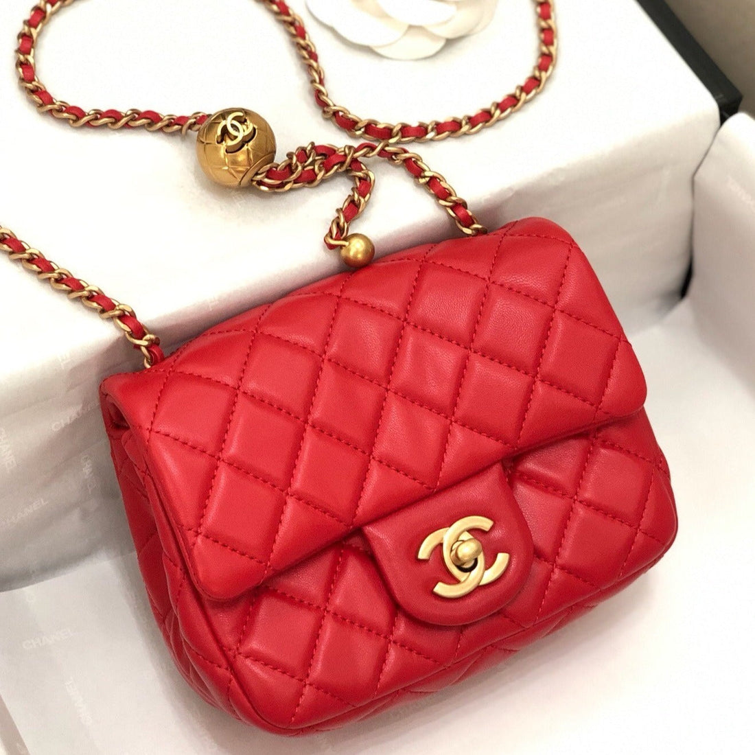CHANEL MINI SQUARE CLASSIC FLAP BAG 17CM RED LAMBSKIN GOLD HARDWARE - bag