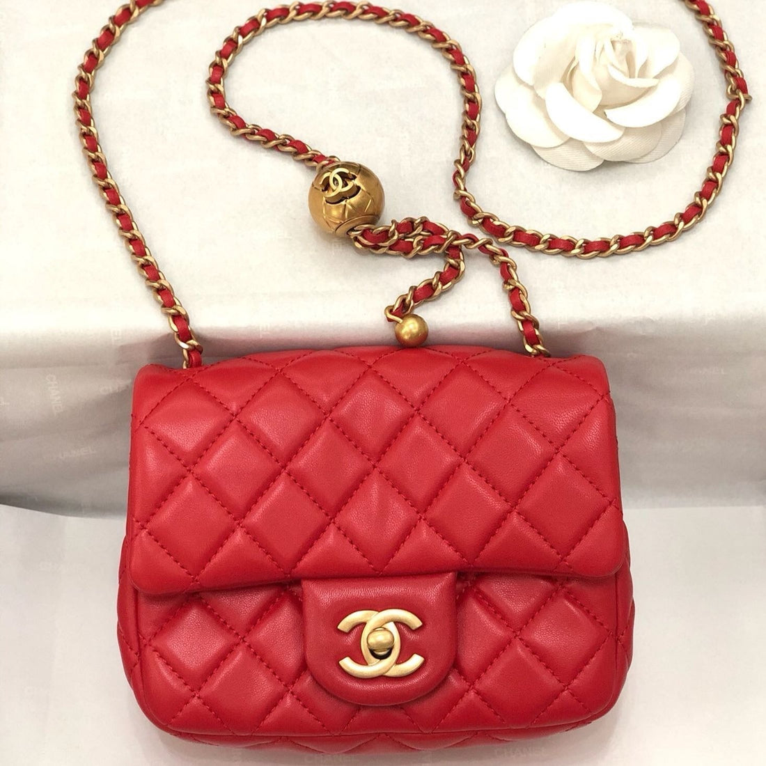 CHANEL MINI SQUARE CLASSIC FLAP BAG 17CM RED LAMBSKIN GOLD HARDWARE - bag
