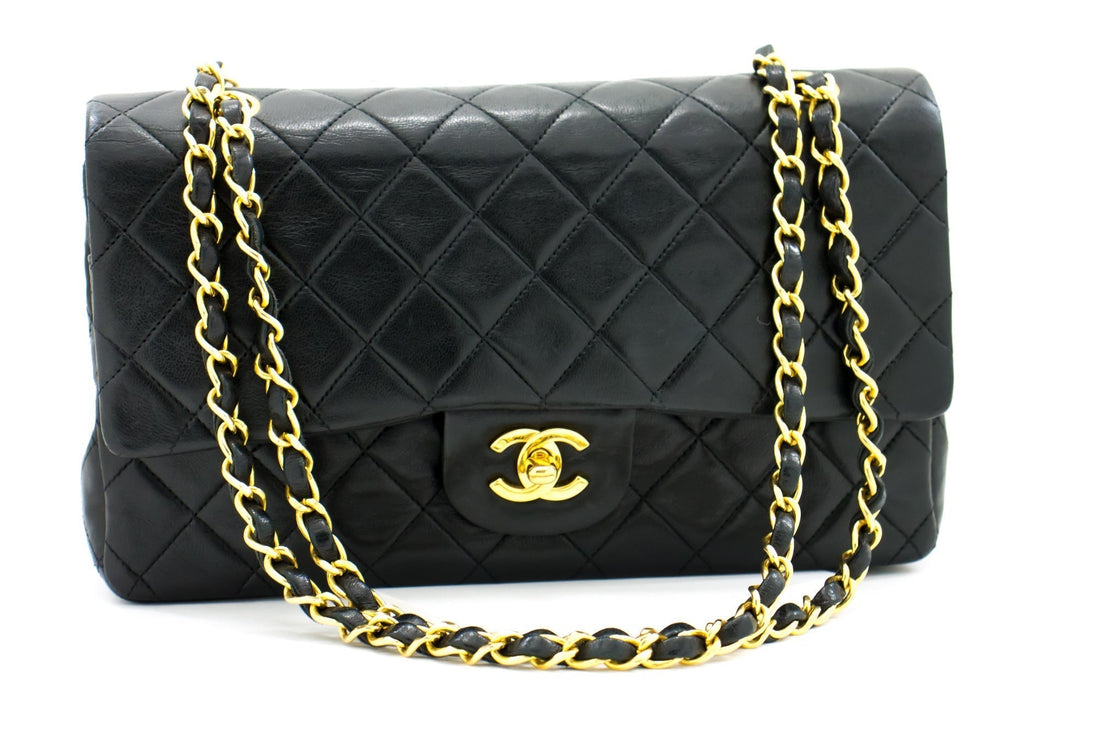 CHANEL Classic Double Flap 10" Chain Shoulder Bag Black Lambskin i71 - Shoulder Bag