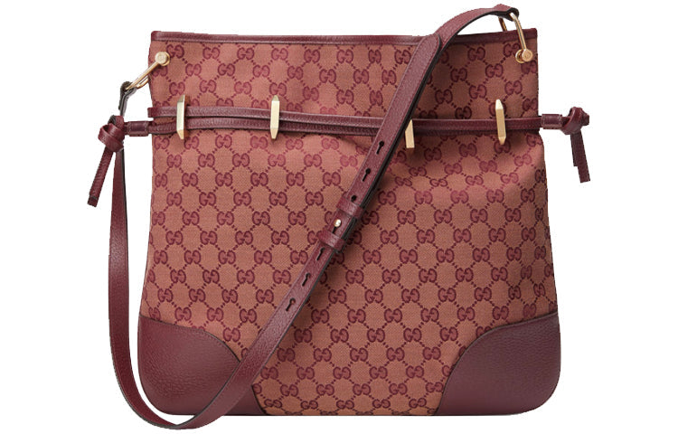 (WMNS) GUCCI Horsebit 1955 Retro Gold buckle Logo Canvas Drawstring Shoulder Messenger Bag Deep Red Classic 602089-9Y9NG-9865 - Shoulder Bags
