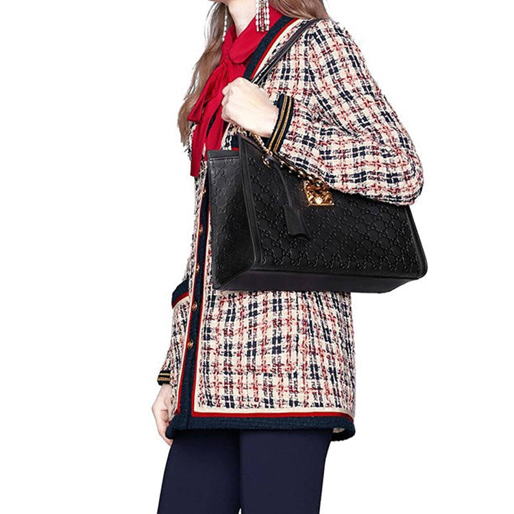 (WMNS) Gucci Padlock Metallic Logo Embossing Leather Tote Chain Black HandBag 479197-0REAG-1000 - Shoulder Bags