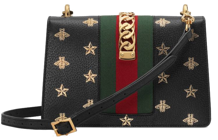 (WMNS) GUCCI Sylvie Gold buckle Bee Pattern Stripe Webbing Bow handbag Small Black Classic 524405-DJ2RG-8571 - Shoulder Bags