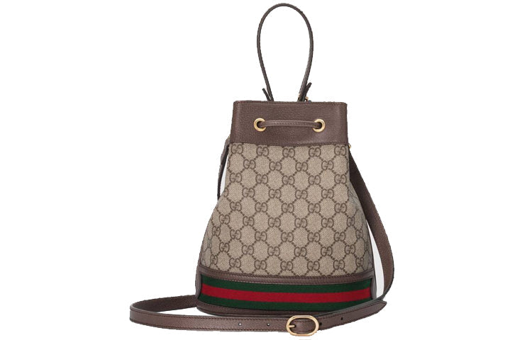 (WMNS) Gucci Ophidia Logo Stripe Webbing Canvas Drawstring handBag Small / Brown Classic 550621-96I3B-8745 - Shoulder Bags