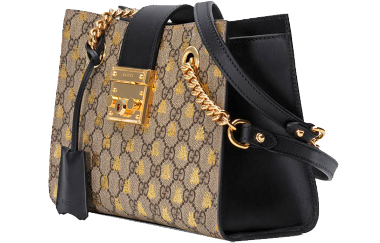 (WMNS) GUCCI Padlock Metallic Bee Printing Logo Canvas Chain handbag Small / Black Classic 498156-9F26G-8319 - Handbag