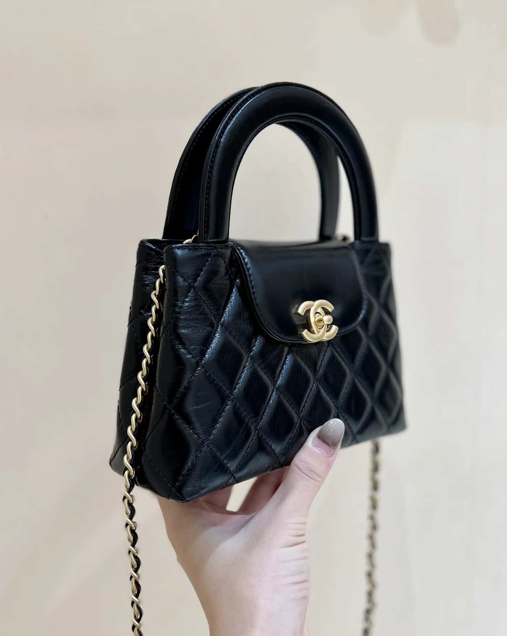 Chanel Kelly Mini Shopping Bag Mini 23K Shiny Aged Calfskin Black 13x19x7cm