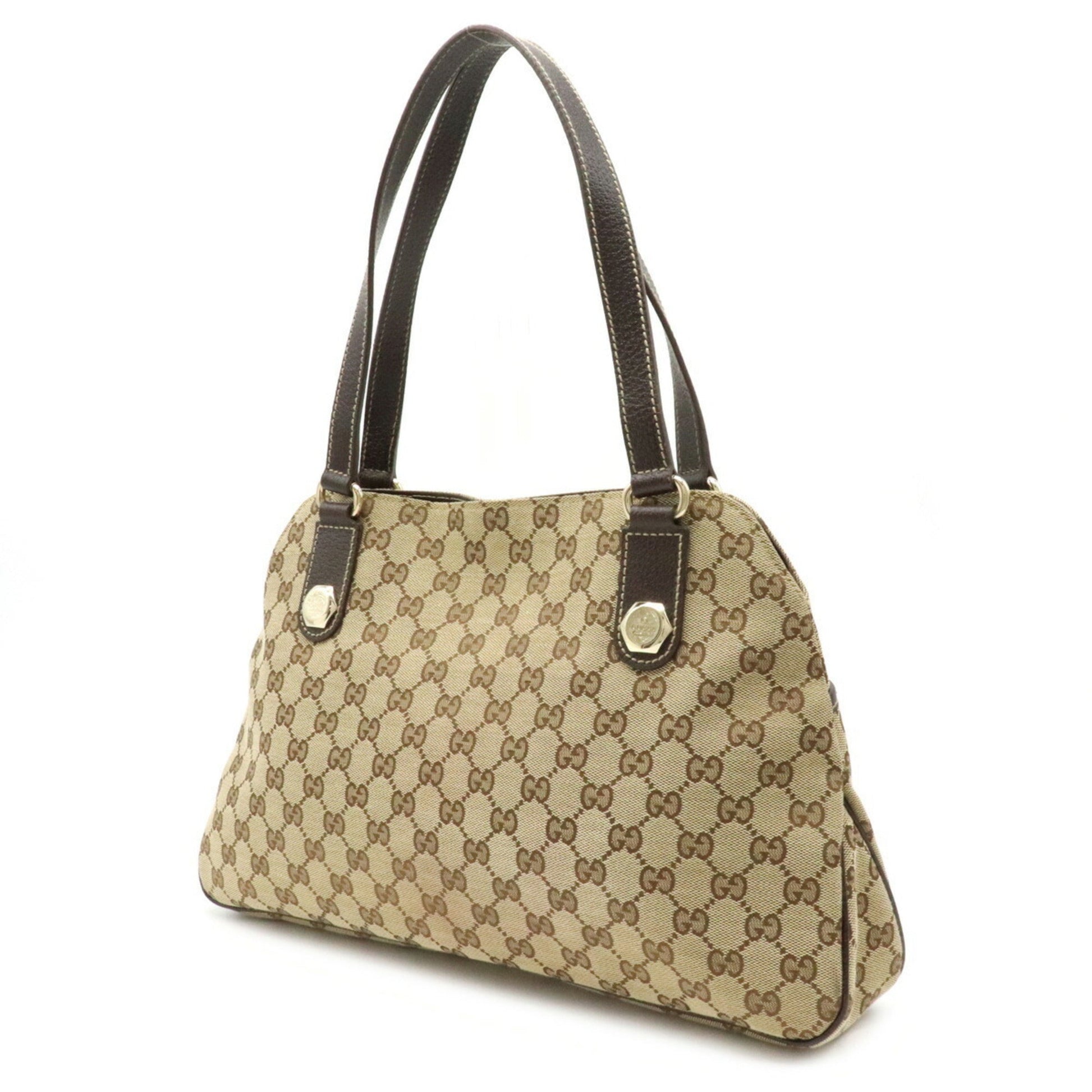 Gucci GG canvas tote bag shoulder leather khaki beige dark brown 163288 - Gucci - 2