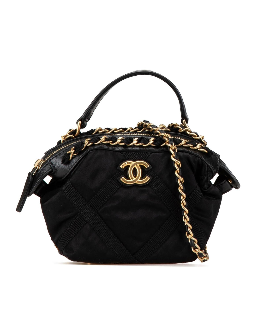 Nylon Grosgrain Clutch with Leather Woven Chain Strap - Handbag & Wallet Accessories