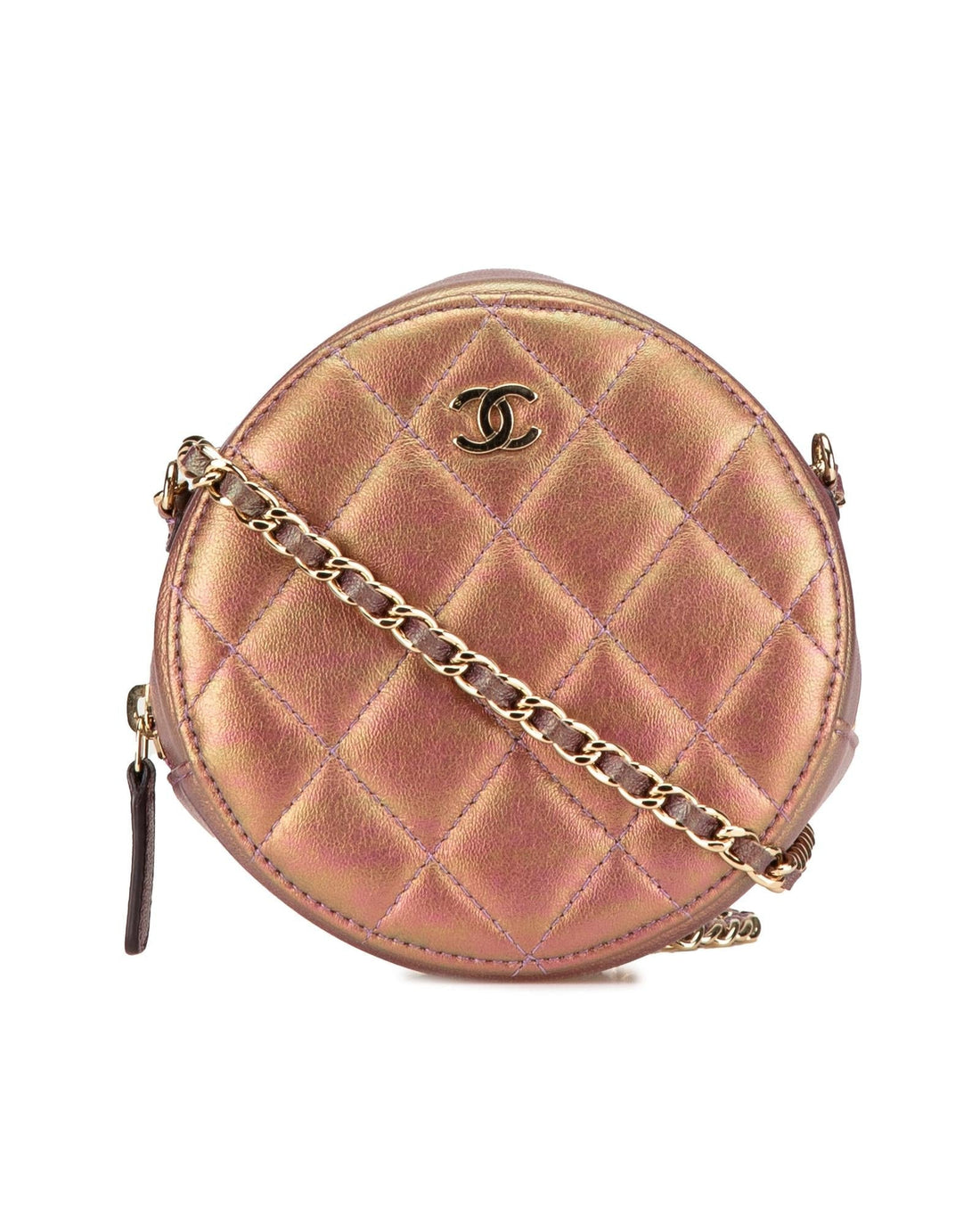 Quilted Iridescent Lambskin Round Clutch With Chain - Handbag & Wallet Accessories