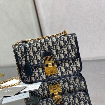 CD embroidered chain bag 24 dark blue leather cotton