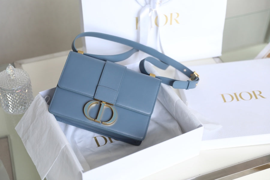 CD Momtaigne Enamel Polished Bag Sky Blue Calfskin