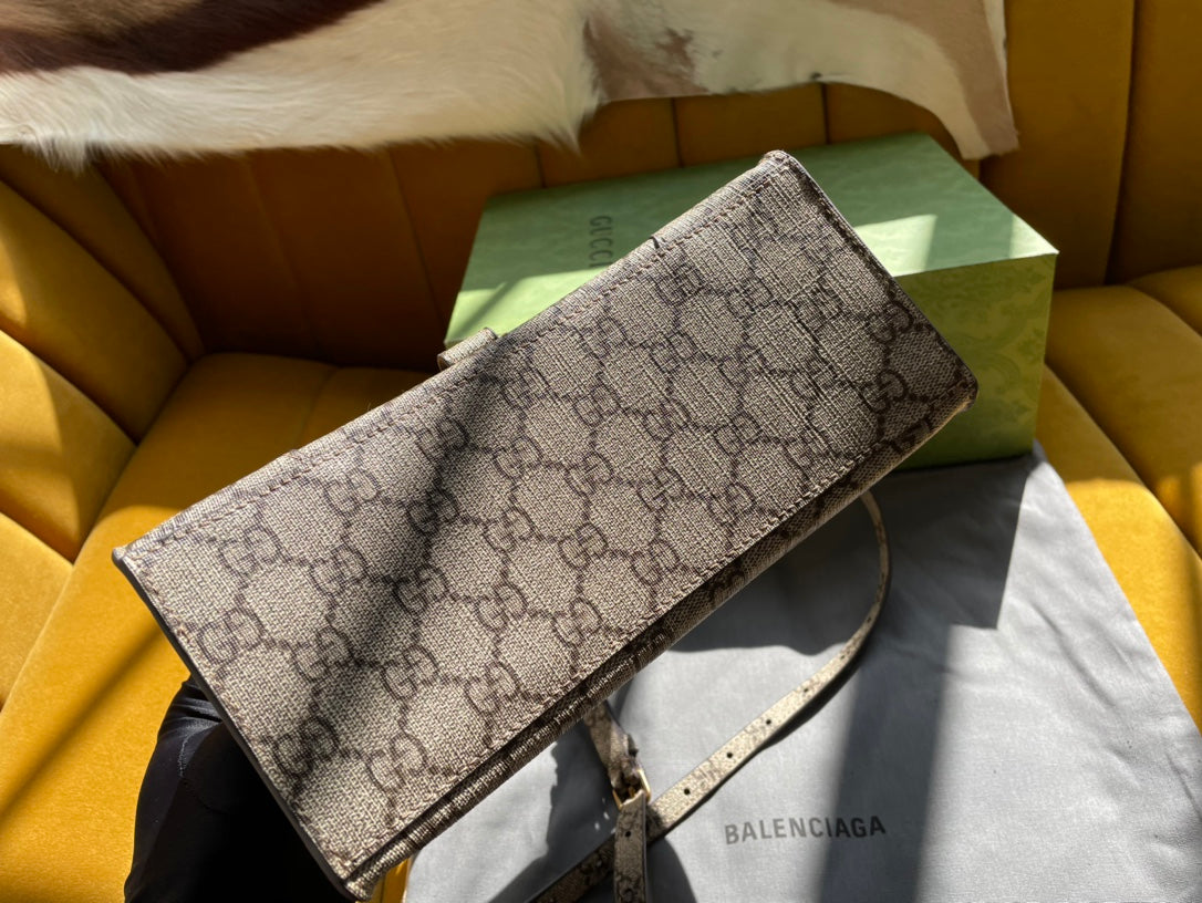 GG x BALENCIAGA HOURGLASS TASCHE 22 AUS BEIGE-EBENHOLZ-MONOGRAMM-CANVAS, GOLDENE HARDWARE