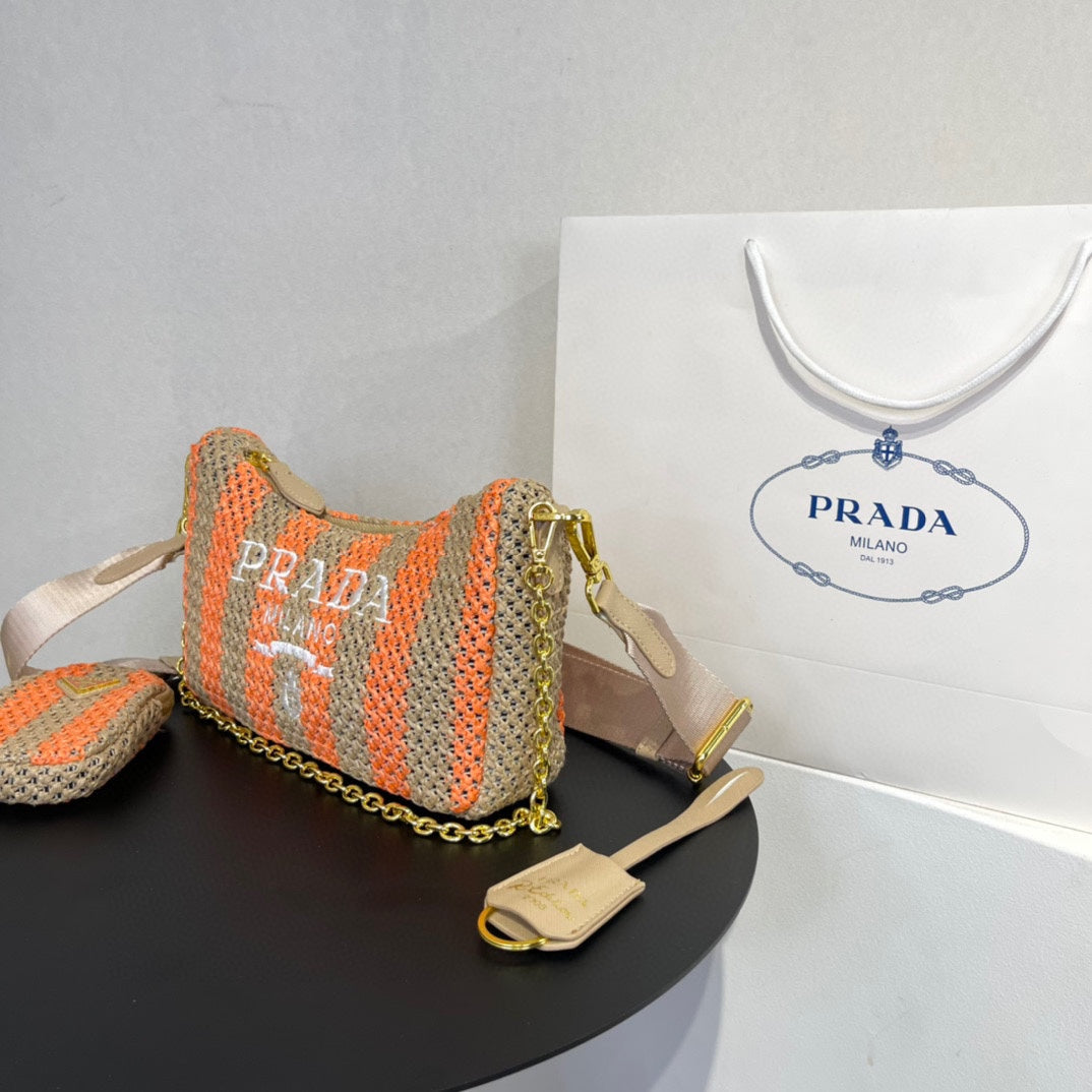 PRA HOBO BAG 23 AUS BEIGE MIX ORANGE RAFFIA MIT WEISSEM LOGO GOLD HARDWARE