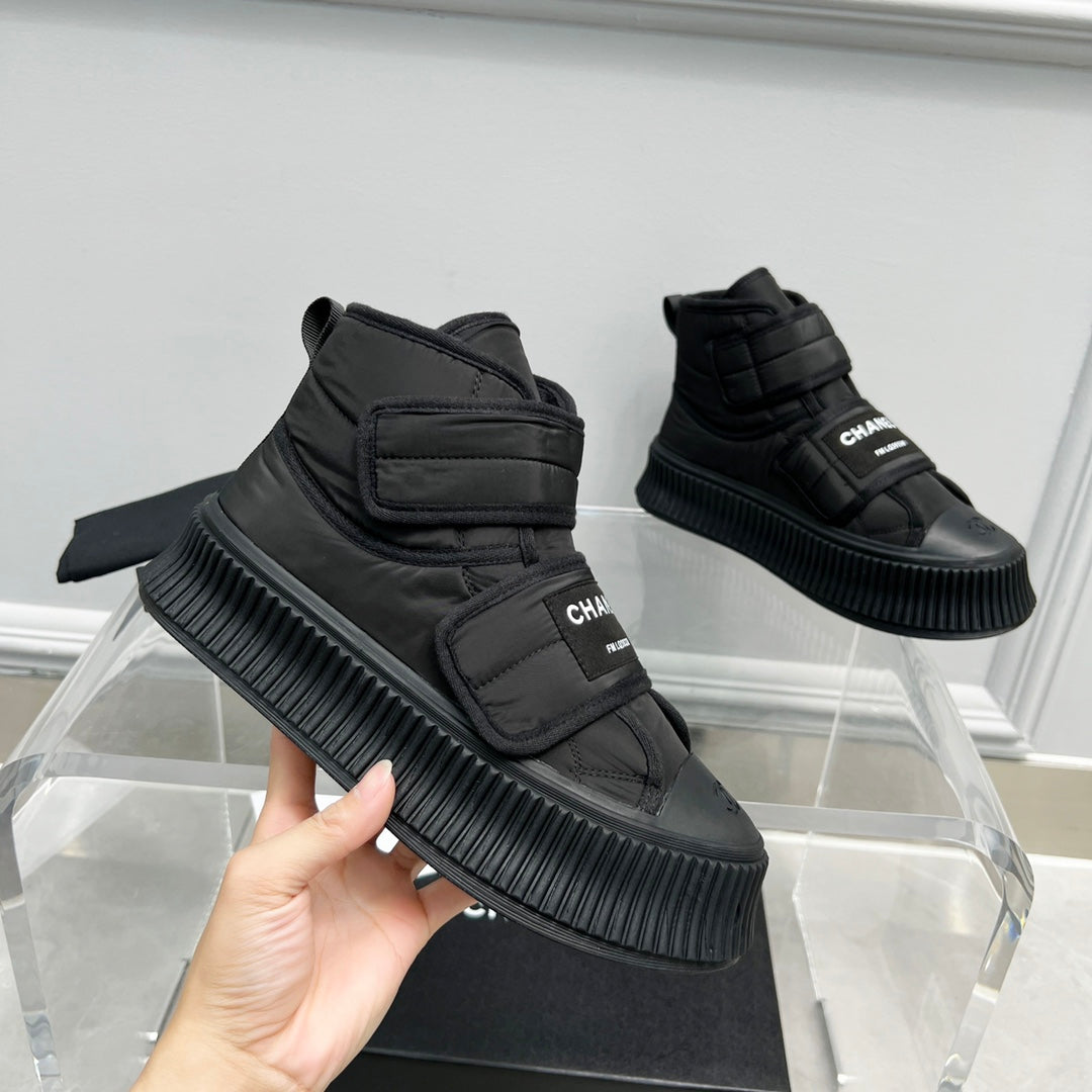 CC High Top Sneaker Thick-Soled Black Rain Velvet Fabric
