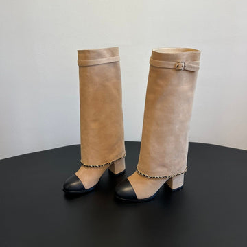 CC Hight Boots Dark Beige With Chain Suede And Cowhide 944969