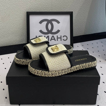 Mule-Sandale cremefarbener Tweed schwarzes Kalbsleder