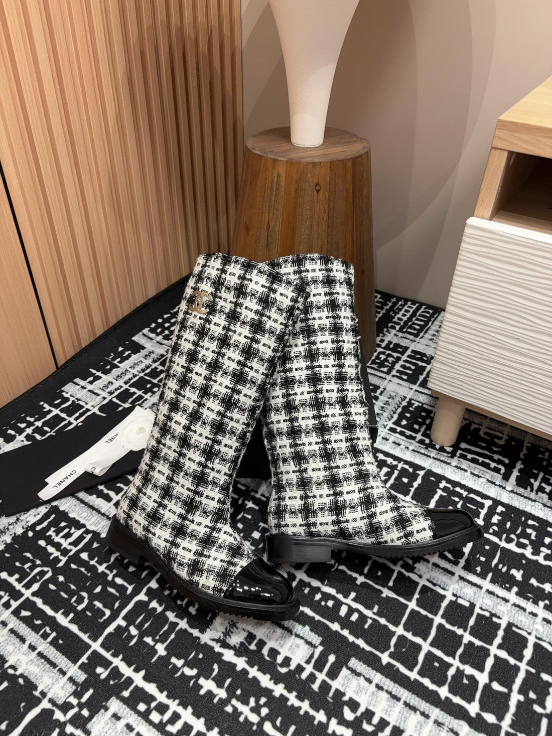 CC High Boots In White Mix Black Wool Tweed And Lambskin