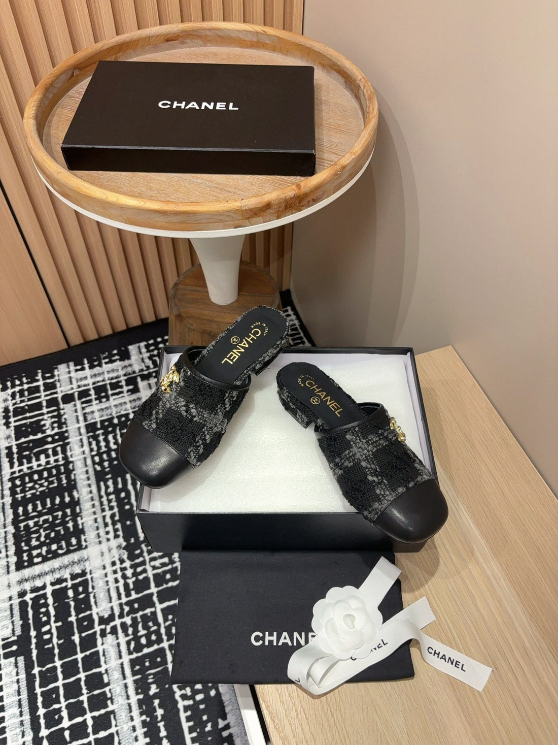 CC Mule 30mm In Black Wool Tweed And Lambskin Gold Hardware