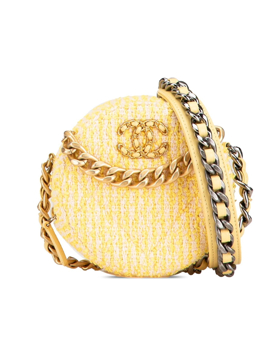 Tweed Round Clutch with Chain-Link Handle and Leather-Woven Strap - Handbags, Wallets & Cases