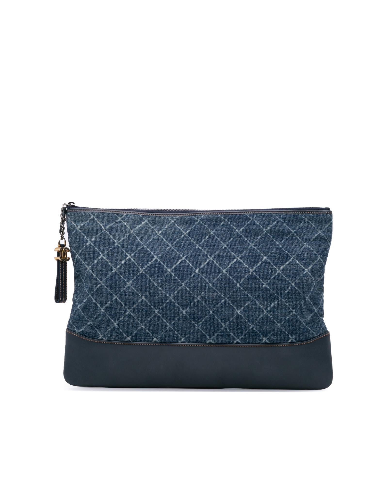 Denim Clutch with Leather Trim and Top Zip Closure - Handbags, Wallets & Cases