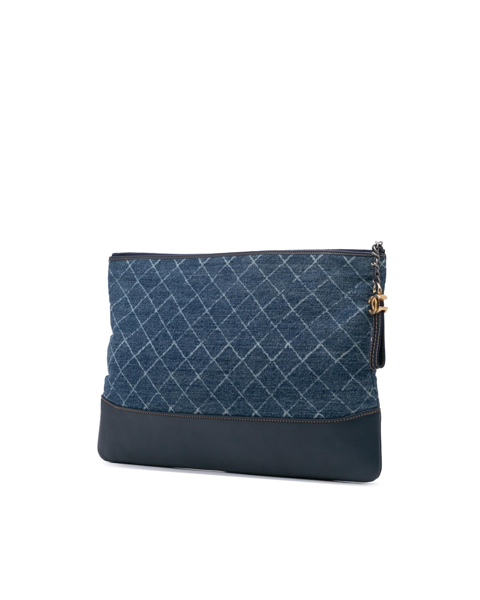 Denim Clutch with Leather Trim and Top Zip Closure - Handbags, Wallets & Cases - 2