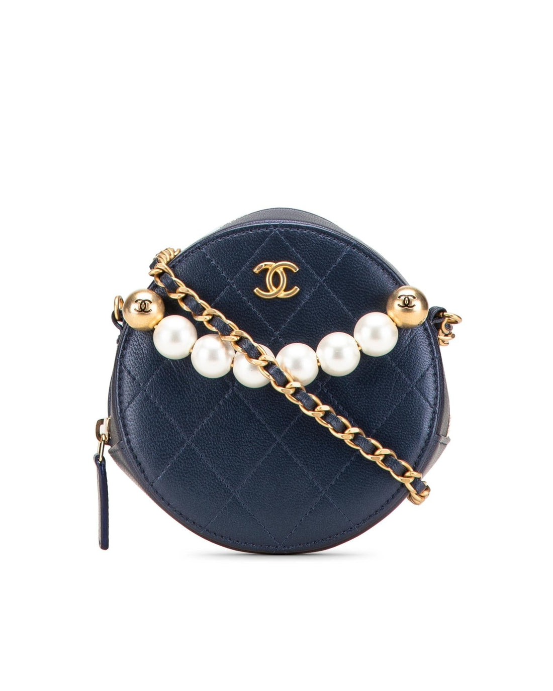 Quilted Goatskin Round Clutch with Faux Pearl Chain Handle - Handbags, Wallets & Cases